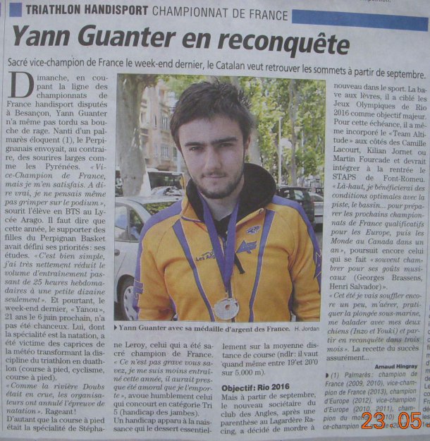 2013 - Yann Guanter, 1re anne de BTS  Arago, vice-champion de France handisport de triathlon