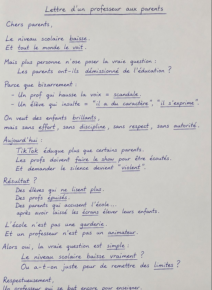 Lettre d&rsquo;un professeur …