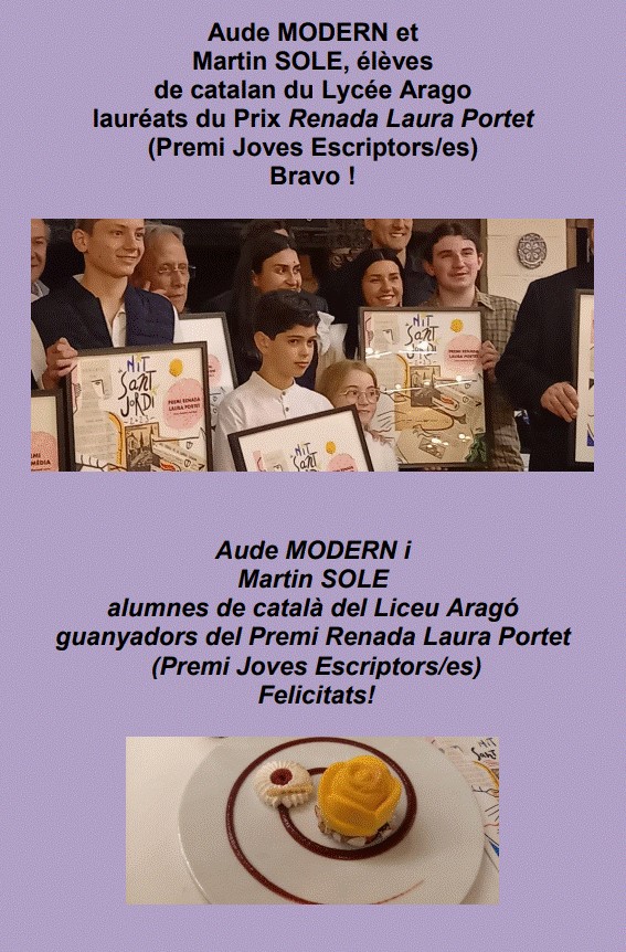 Deux élèves d'Arago gagnent le prix Renada Laura Portet des Nits de San Jordi