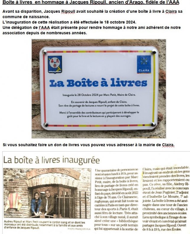 Inauguration  CLAIRA de la Bote  Livres en hommage  Jacques RIPOULL, ancien d'Arago.