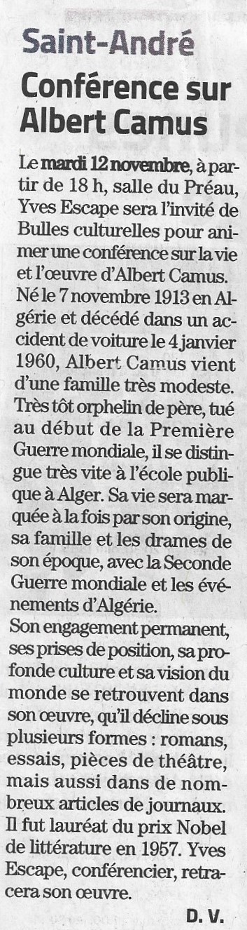 Yves ESCAPE, ancien d'Arago, raconte Albert CAMUS le 12 novembre  St Andr..